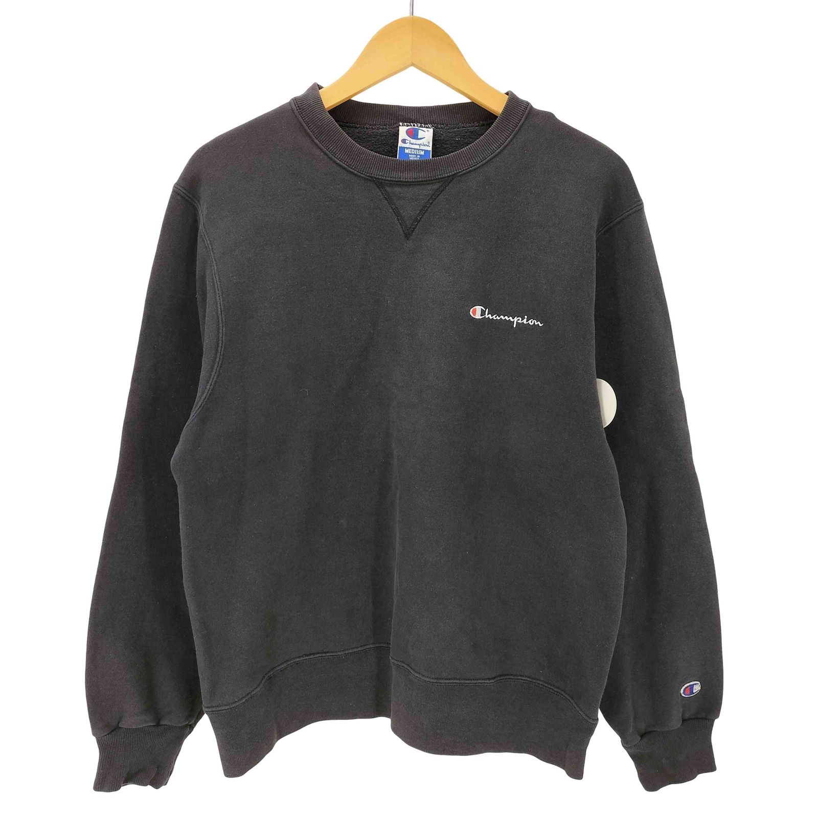 【USA製】90s チャンピオン カニエ 前V スウェット ブラック L チャンピオン Champion 90S メキシコ製 袖目つき スクリプトロゴ刺繍 V