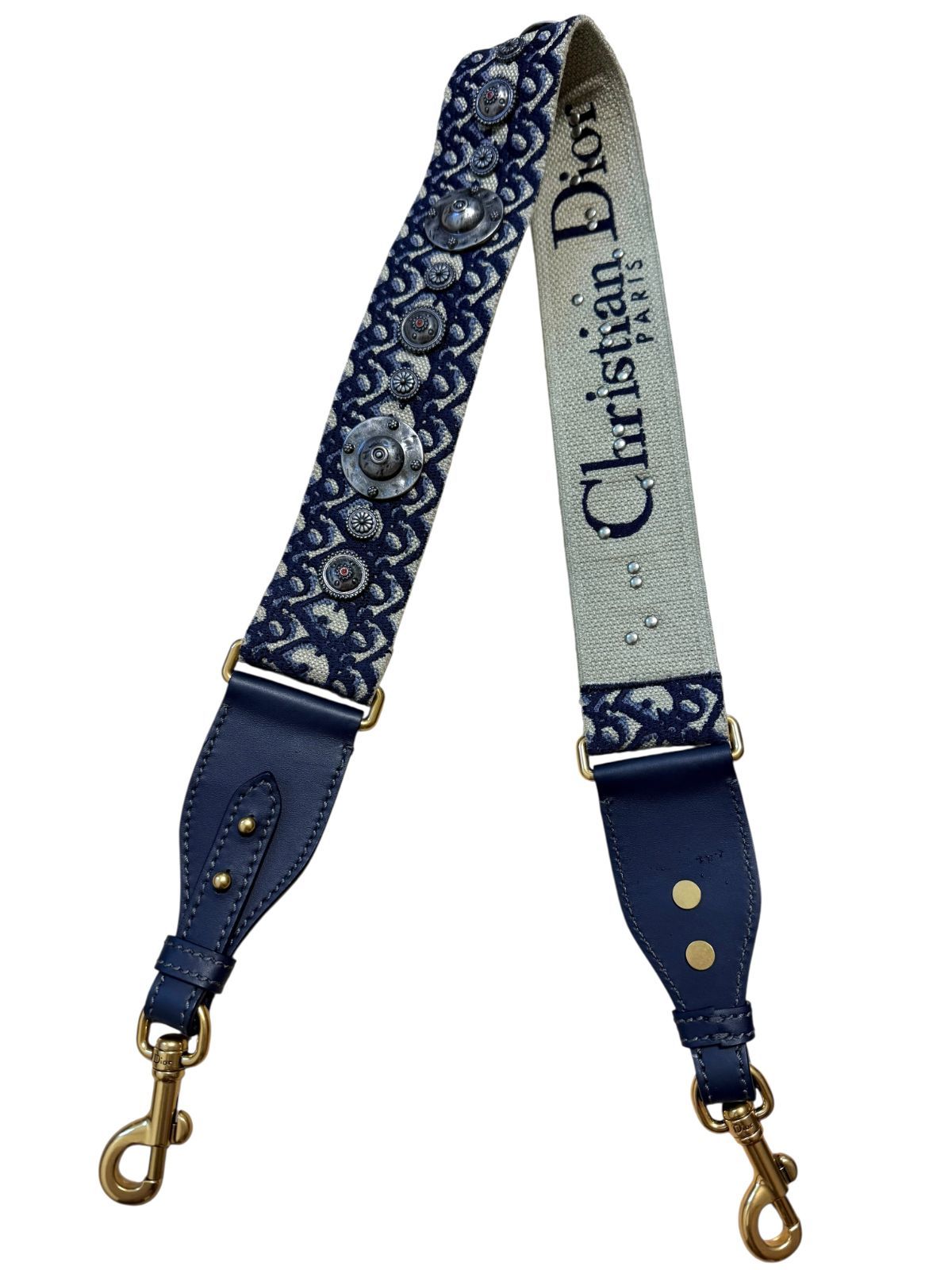 超美品◆本物クリスチャンディオールChristianDiorトロッターサドルキャンバス×レザーショルダーストラップ ネイビー系
