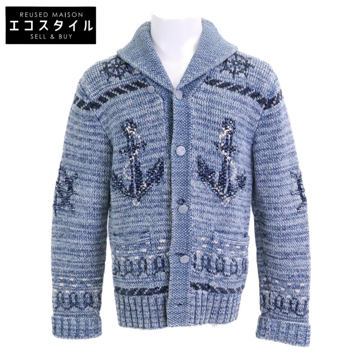 RRL HAND KNIT ショールカラー アンカー柄 カーディガン M RRL ダブルアールエル アンカーボタン 本藍染め ハンドニット ショール