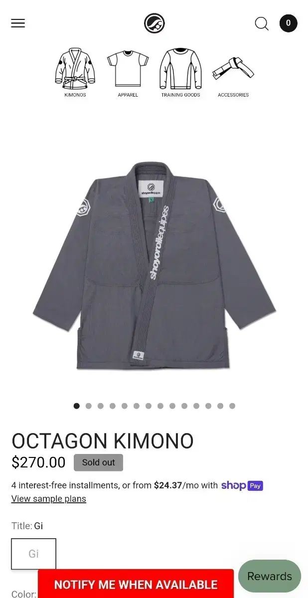 ソヨロール オクタゴン 起毛着物 柔道着 柔術 Jiu-Jitsu グレー 1L