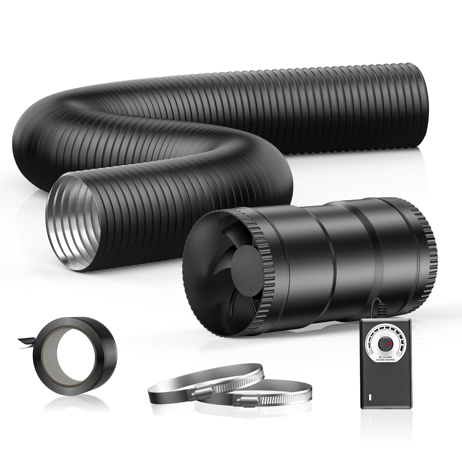 ☆新品☆Hon&Guan ダクトファン セット 100mm 中間取付型【インボイス制度登録店】ダクト用 換気扇 強力 省エネ 静音 塗装ブース用 家焼肉 丸形タイプ 産業用換気扇 ダクトホース入り/2.5m1本 クランプ入り/2個 汎用テープ b76c60d1