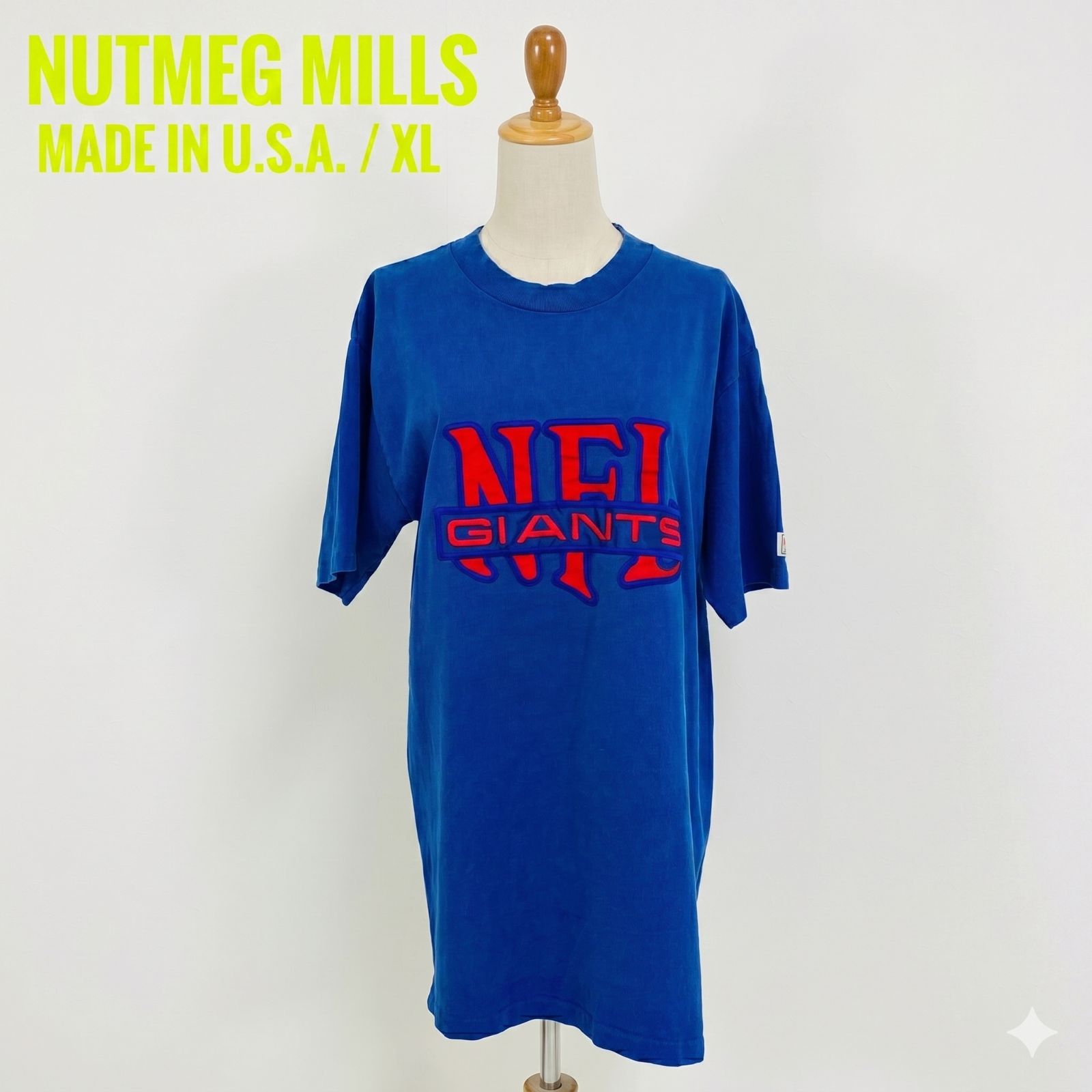 90s NUTMEG MILLS NFL GIANTS ジャイアンツ Tシャツ XL USA製 アメフト ヴィンテージ 刺繍ロゴ ナツメグ #K045-24