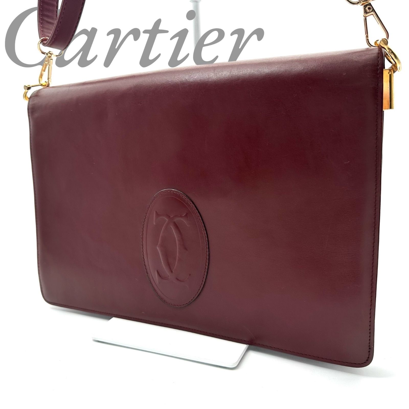 【B5190】 Cartier カルティエ マストライン 2way クラッチバッグ ショルダーストラップ レザー ボルドー フラップ