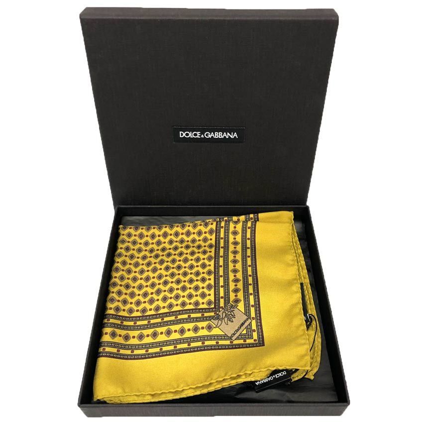 DOLCE＆GABBANA ドルチェ＆ガッバーナ シルク ミニスカーフ ポケットチーフ ネッカチーフ バンダナ イエローカーキ 未使用 aq12894