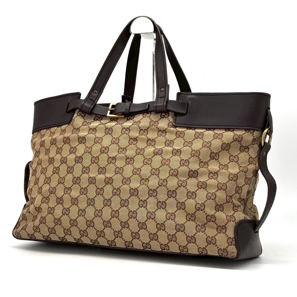 【静かに品格を纏う】　GUCCI　トートバッグ GGキャンバス レザー切り替え ベルトデザイン A4収納可　ブラウン
