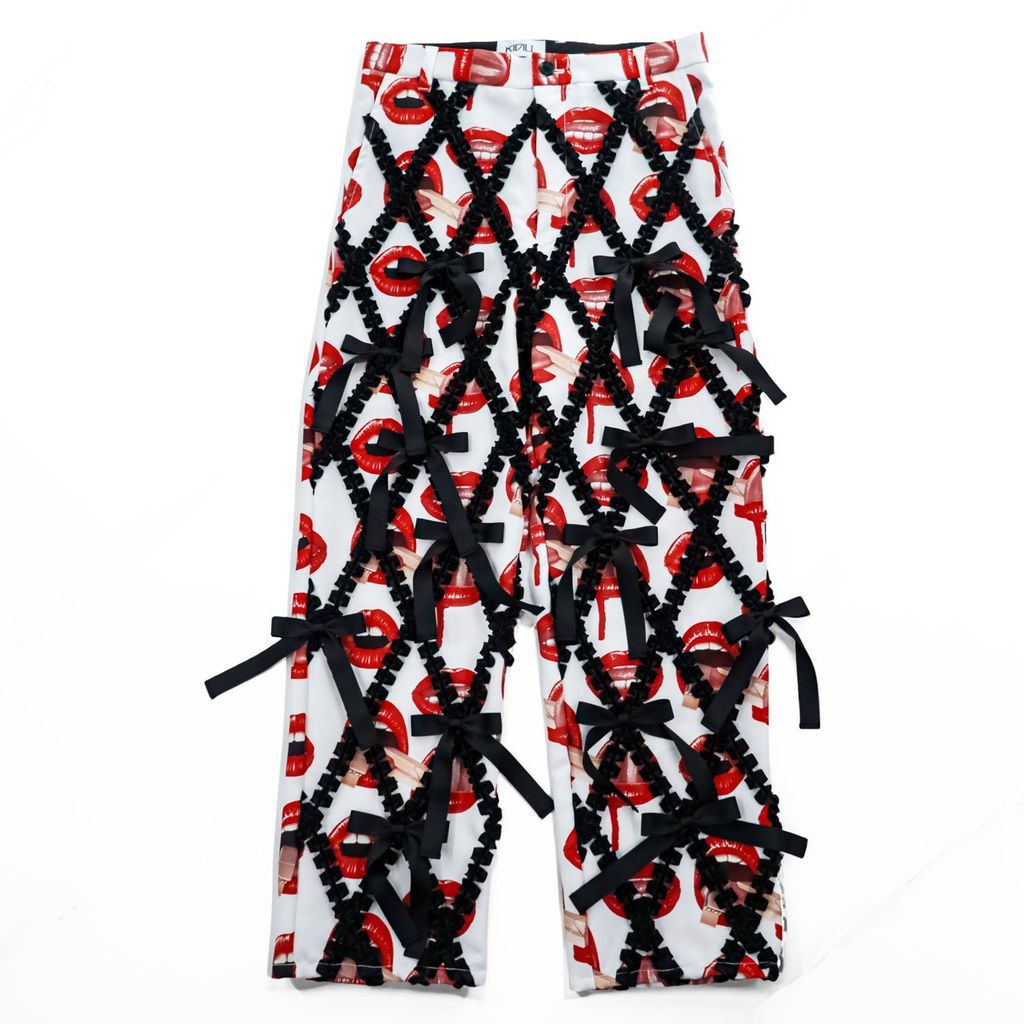 KIDILL × Trevor Brown リボンパンツ Ribbon Pants スラックス ホワイト 総柄 リップ KL598-FM 日本製