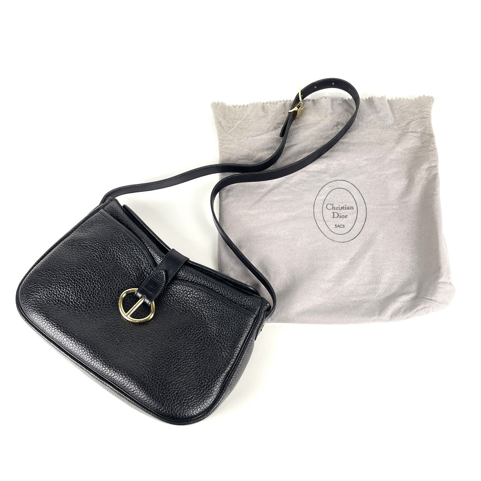 オールドモデル　CHRISTIAN　DIOR　クリスチャンディオール　シボ革　レザーショルダーバッグ　クロスボディ　ブラック