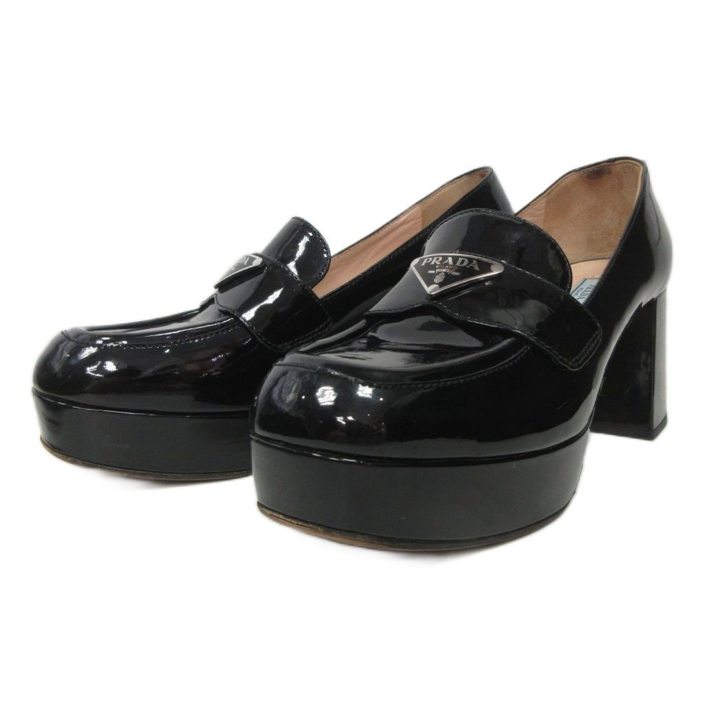 プラダ PRADA チョコレートブラッシュドレザー ヒールローファー 37 黒 ブラック