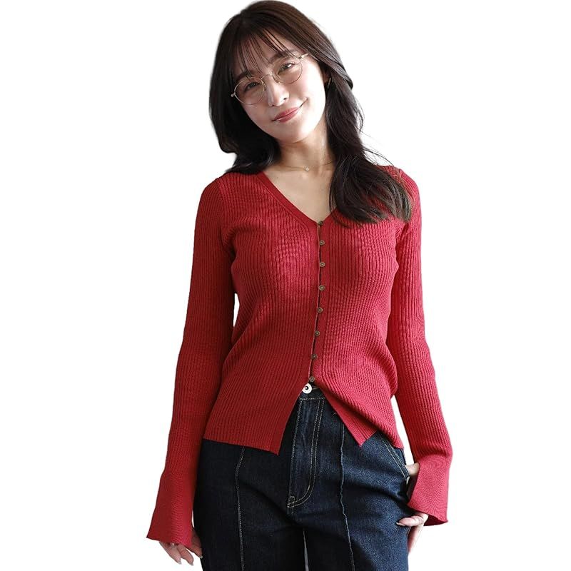 【新品】 [神戸レタス] [ Yuumiさんコラボ ] UVカット リブニット カーディガン ニットカーデ レディース 春 夏 春服 夏服 Vネック 紫外線対策 通勤 仕事 会社 トップス スリット フェミニン きれいめ 上品 ゆうみさん [N1310] M