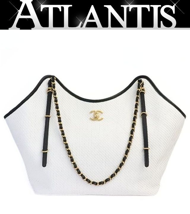 【広尾店】 極美品 シャネル CHANEL 26C マキシショッピング バッグ 白×黒 ラフィア×カーフスキン G金具 ランダムシリアル 【19251】