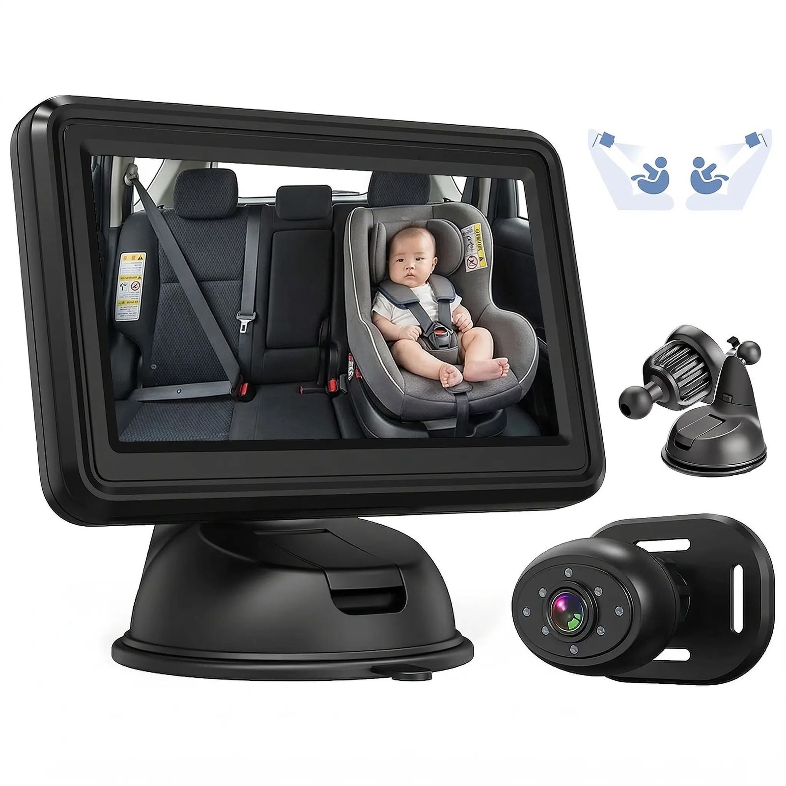車用ベビーモニター 4.3インチ IPS 見守りモニター 150°広角 360°回転ベース 歪み補正 超強暗視機能 車内監視カメラ 取り付け簡単 シガーソケット給電 2種類ブラケット付属 赤ちゃん ペット 荷物見守り(沖縄・離島の方発送不可） 803dfac2