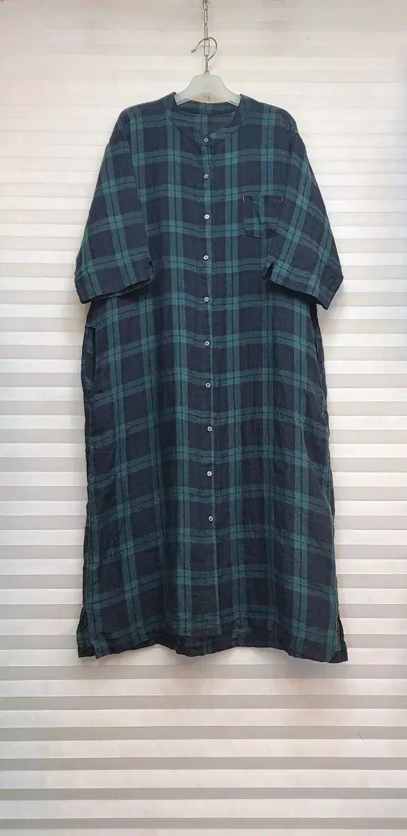 ノーカラー CHECK リネン ロング丈ワンピース