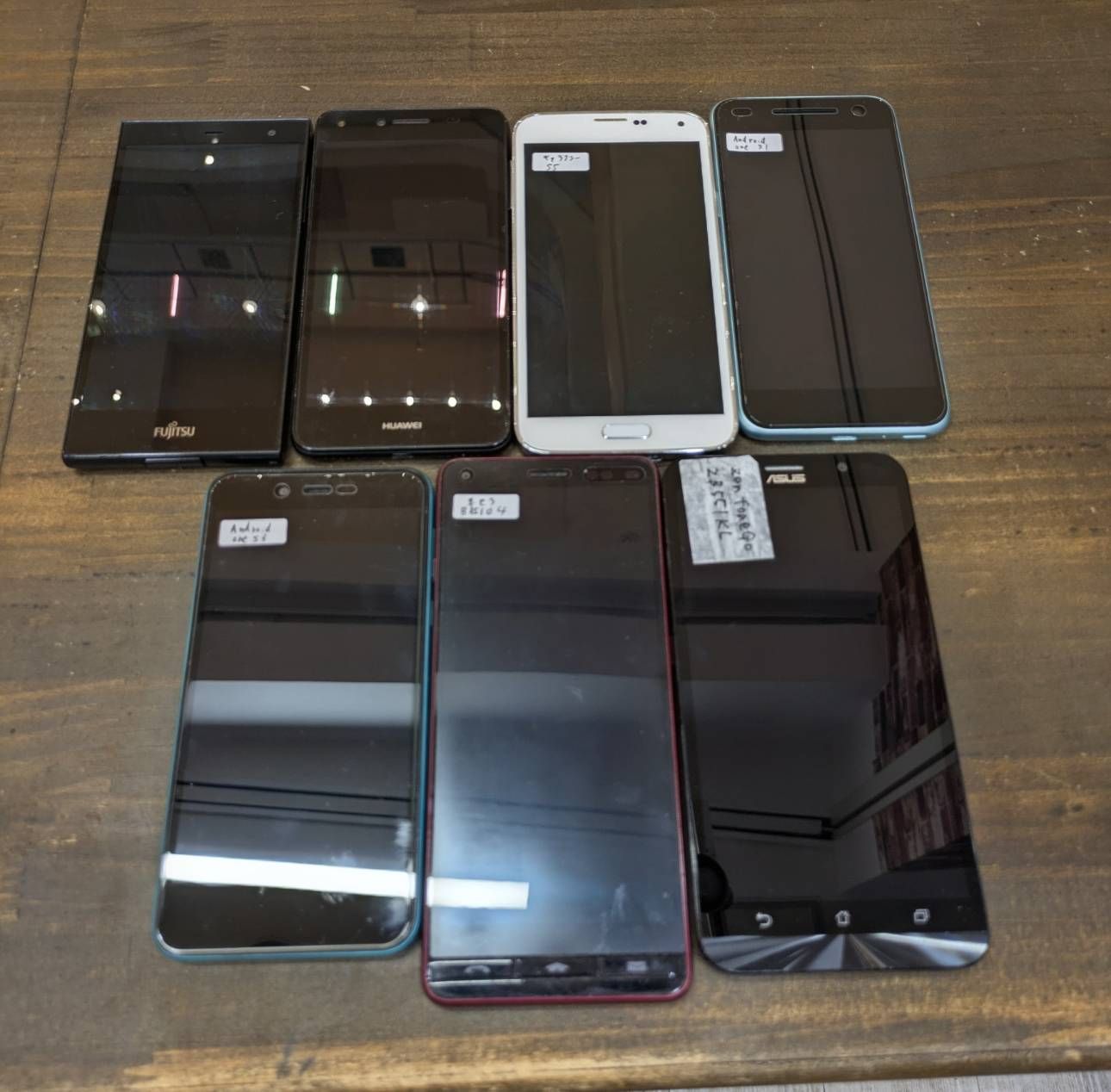 ◆通電＆初期化済◆スマホ7台セット Galaxy S5 AndroidOne S3/S1 ZenFone2 BASIO4 arrowsM02 HuaweiY5II ジャンク