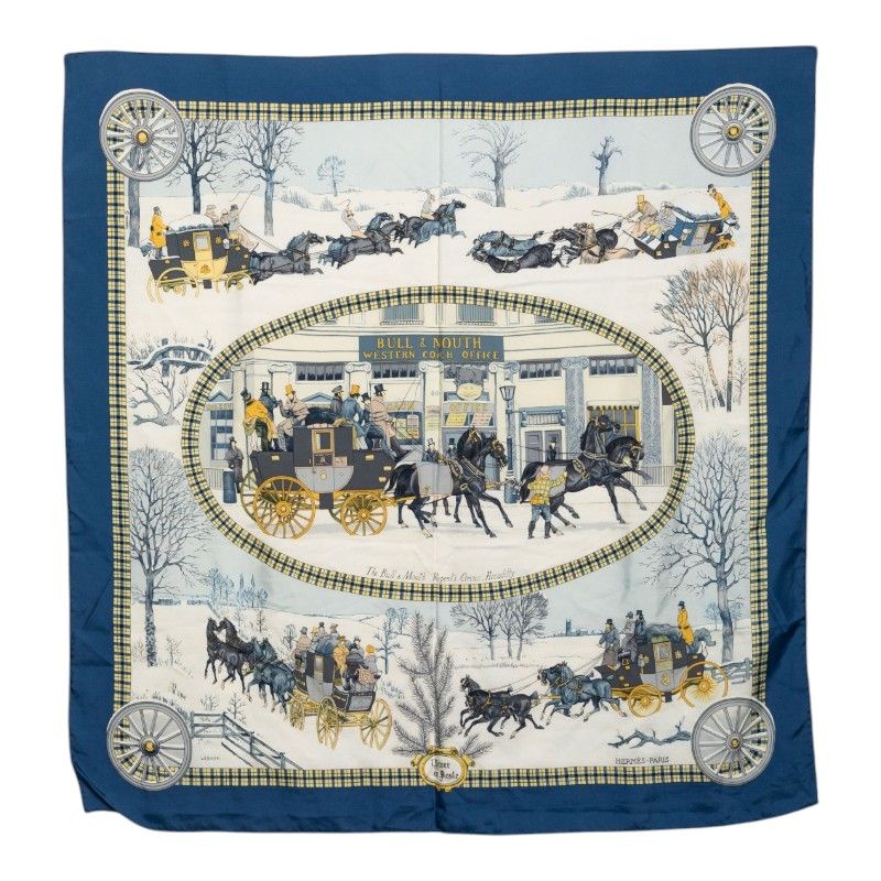 エルメス カレ90 L’ Hiver en Poste 冬の郵便馬車 スカーフ 大判 ブルー マルチカラー シルク レディース HERMES【244-71777】