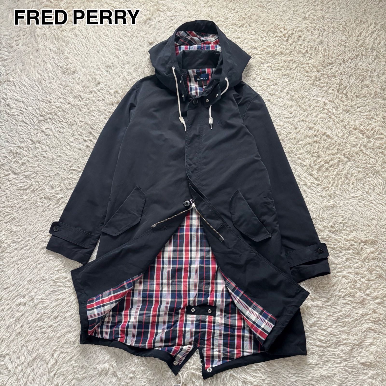 フレッドペリー FREDPERRY 裏地チェック モッズコート フードコート フィッシュテール ロング 濃紺 ネイビー S メンズ ユニセックス 刺繍ロゴ 月桂樹 2WAY フード着脱式 トラッド