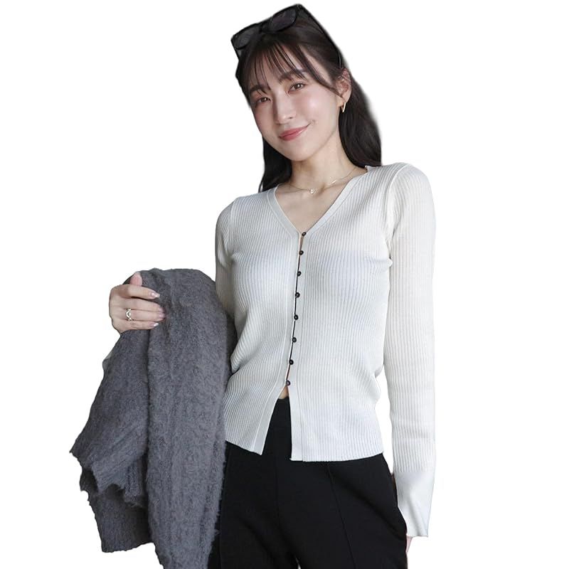 【新品】 [神戸レタス] [ Yuumiさんコラボ ] UVカット リブニット カーディガン ニットカーデ レディース 春 夏 春服 夏服 Vネック 紫外線対策 通勤 仕事 会社 トップス スリット フェミニン きれいめ 上品 ゆうみさん [N1310] M