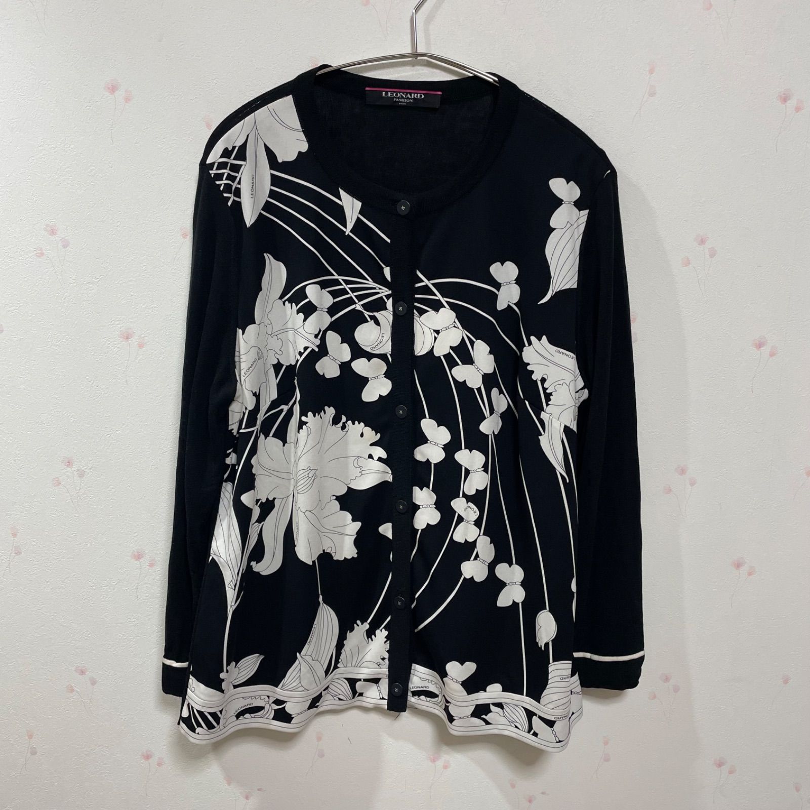 LEONARD FASHION レオナール LL 花柄カーディガン 日本製 モノトーン