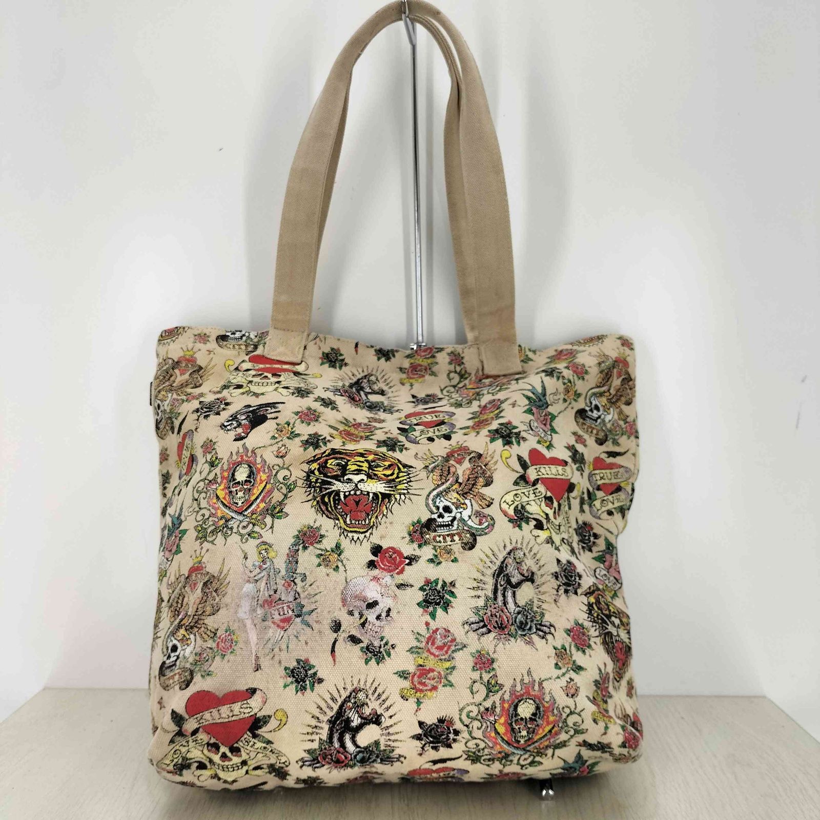 エドハーディー Ed Hardy 総柄 スカル プリントキャンバストートバッグ 