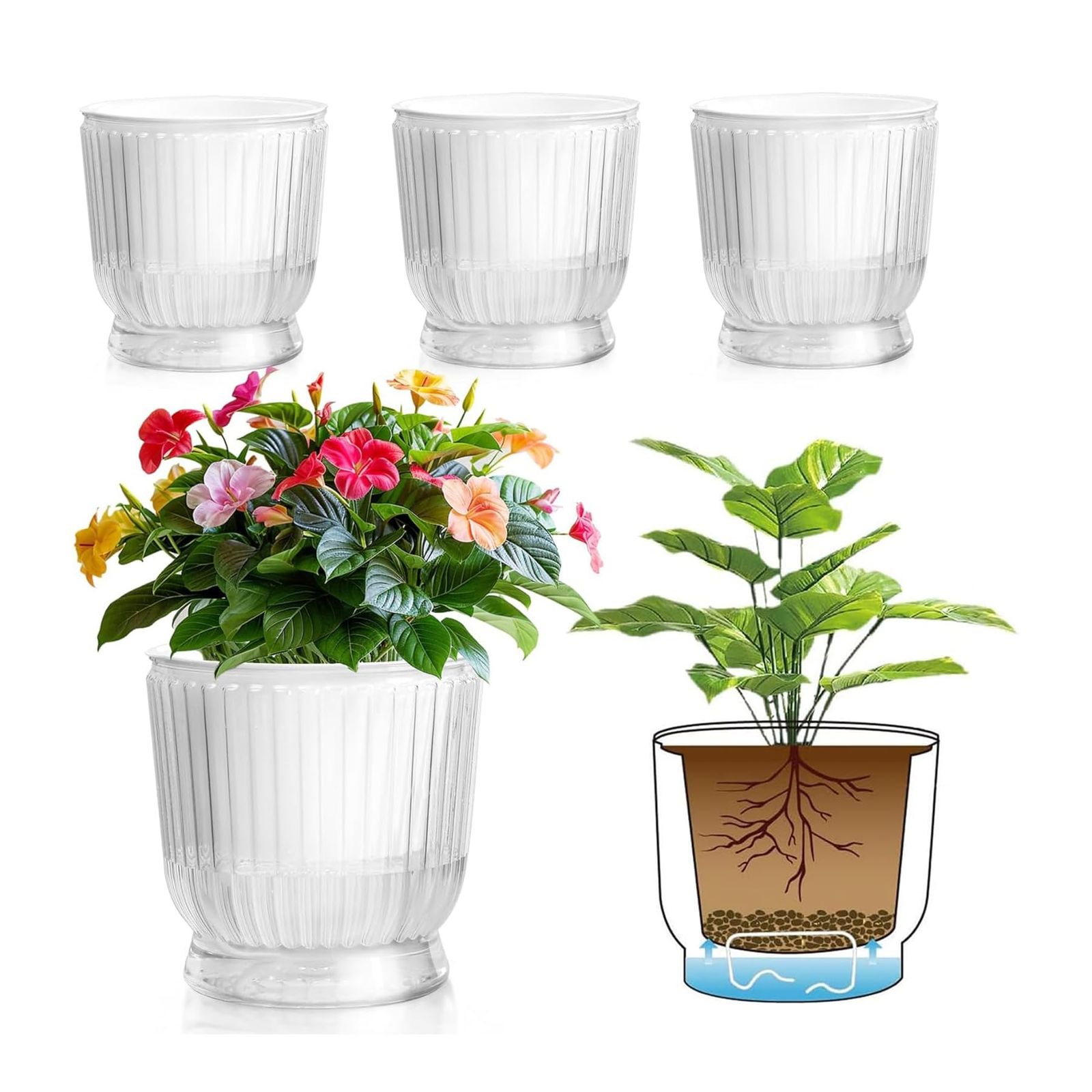 T4U 16CM 給水プランター 植木鉢 プラスチック 4個セット 観葉植物 鉢 おしゃれ 底面給水鉢 給水紐付き 室外 室内 鉢植え ハーブ 花栽培e f4d81cdc