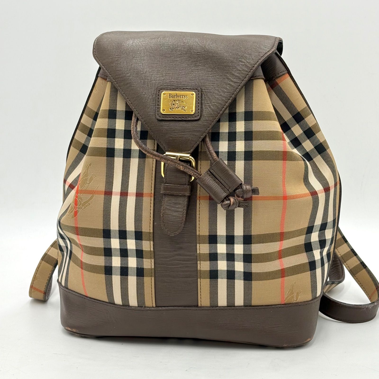 美品◎Burberry バーバリー ノヴァチェック ゴールドプレート バッグパック リュック レザー×キャンバス レディース