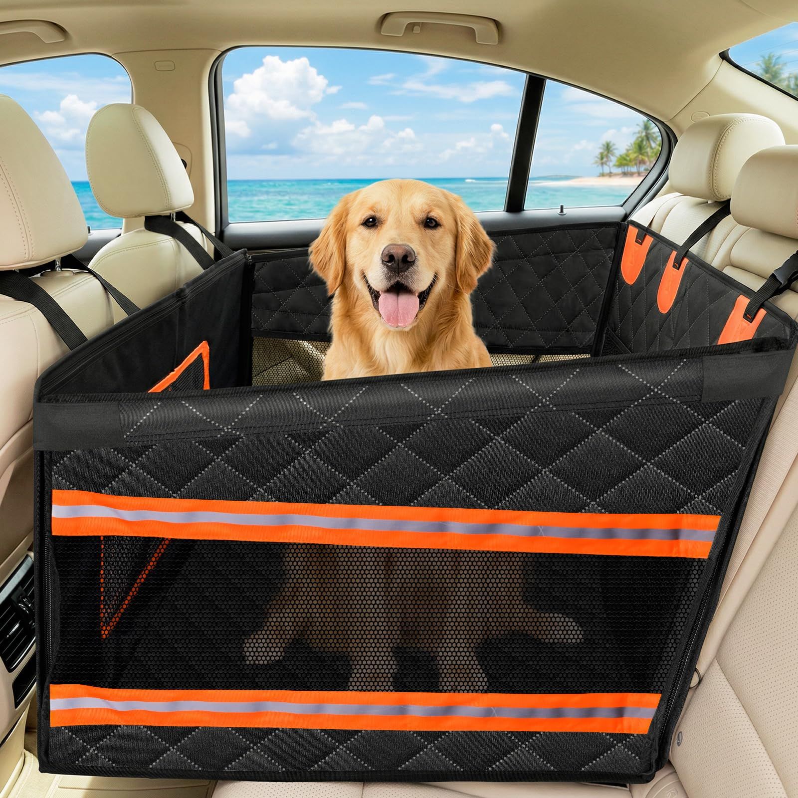 Tresbro ペット ドライブボックス ドライブシート 犬 車 シート 大型犬用 底板入り 型崩れしない 3重の安定設計 飛び出し防止リード付き 中敷き付き 折り畳み可能 汚れ防止 全車種 全種犬用猫用 ブラック 犬車に乗せるグッズ 柴犬 bd712adb