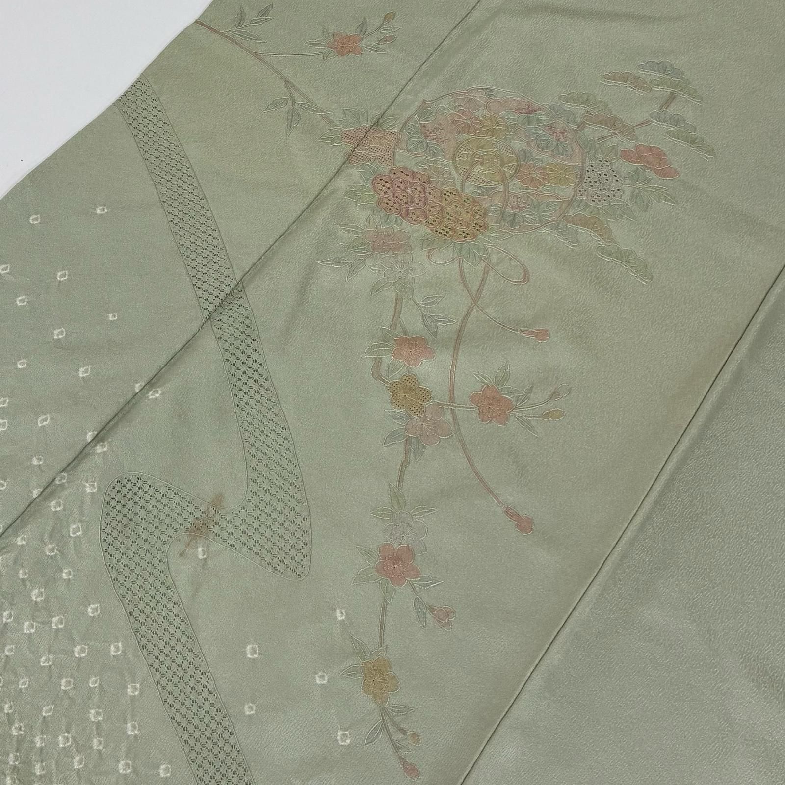汕頭刺繍 付け下げ 紋なし 絞り 美しい花 袷 着物 MK-9388