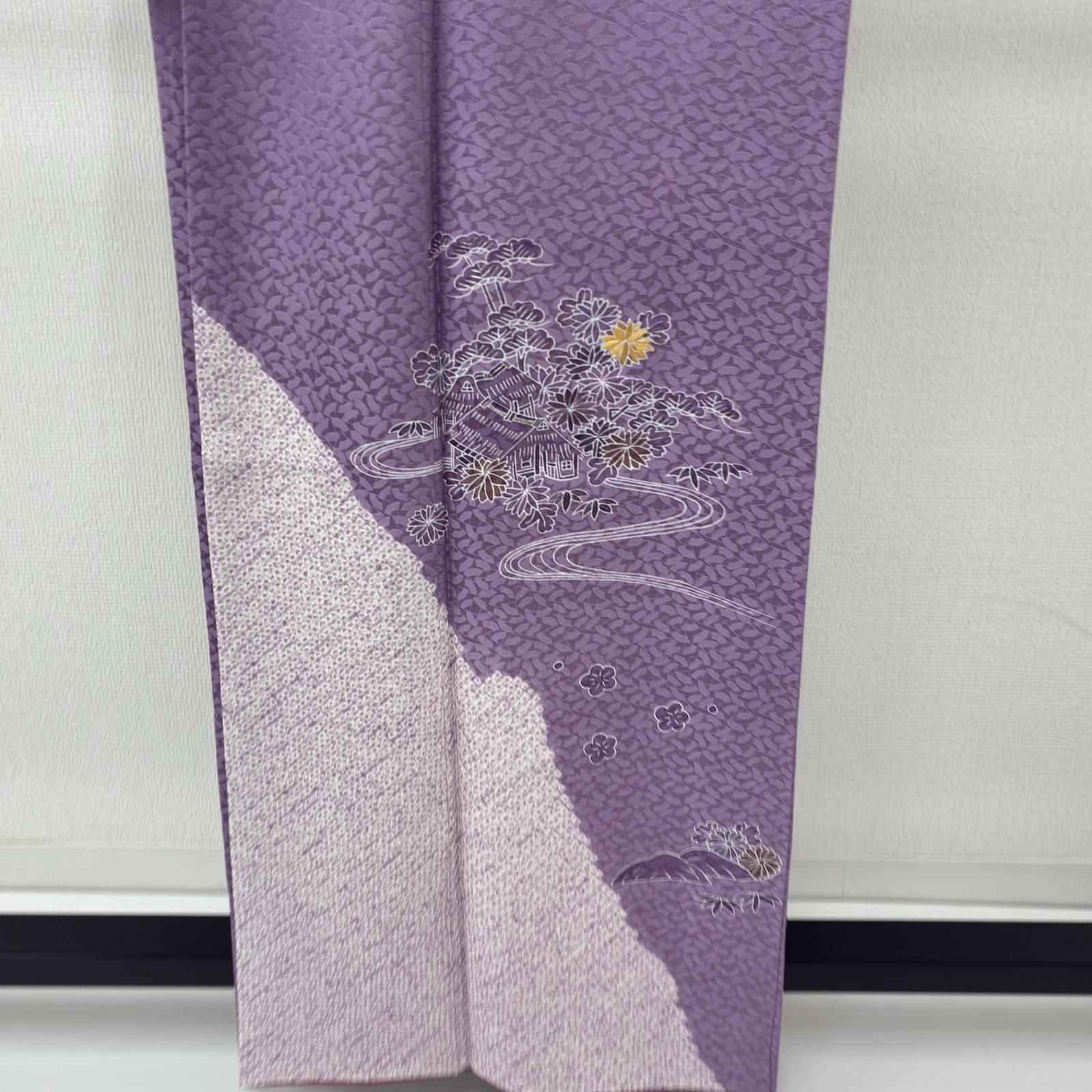 付下げ 正絹 流水に草花の染め 紋無し 正絹 着物 MKー9085
