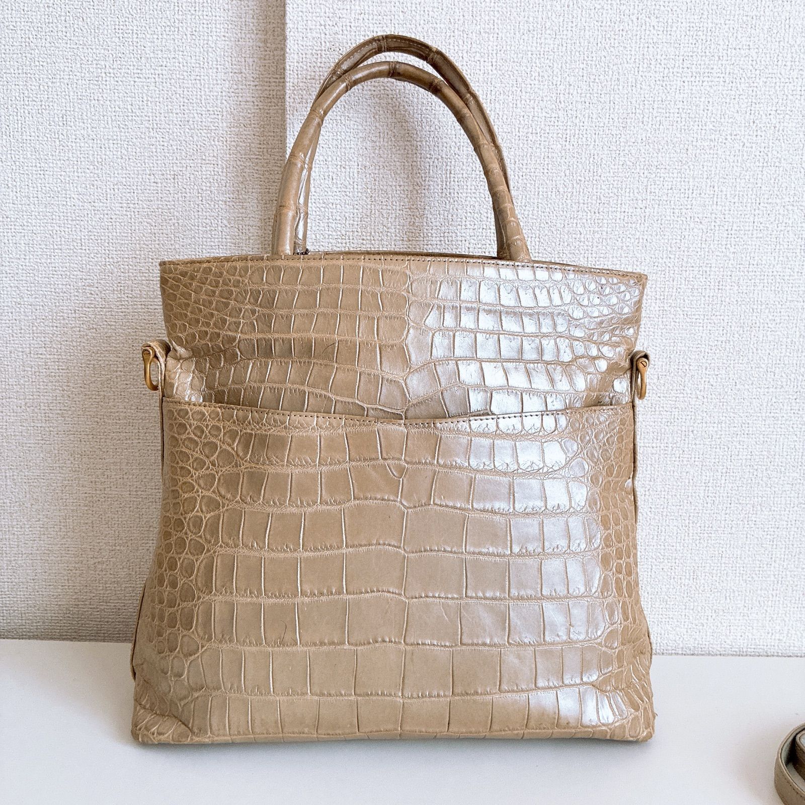 JRAチャーム付き✨️ クロコダイル 2way ハンドバッグ 特大 ゴールド