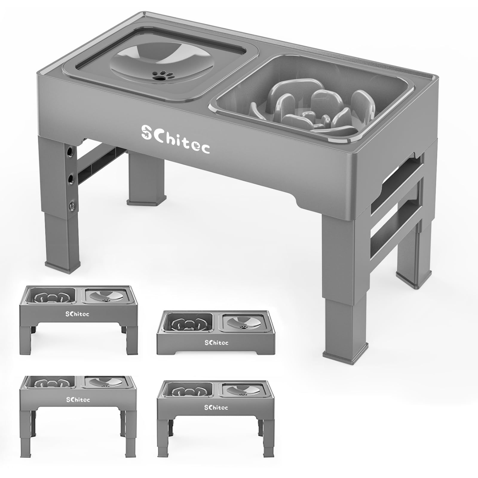 SCHITEC ペットボウル フードボウル 食器台 スタンド 【方型・グレー・4段階調節・中大型犬・猫用・ボウルと給水器付き】高度調節可能 早食い防止 低速給水 給餌 ボウル 水やり 滑り止め 犬 猫 食器スタンドas 63970732