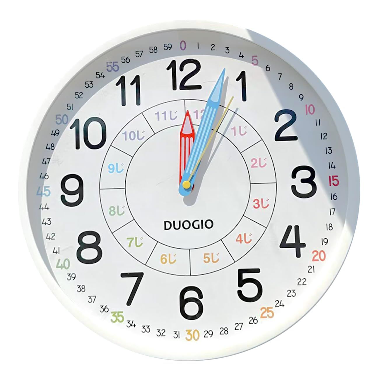 DUOGIO 掛け時計 子供用 知育時計 直径30cm アナログ 静音 連続秒針 鉛筆形指針 ガラス鏡面 単三電池式 壁掛け時計 キッズルーム リビング 教室 図書館 ホワイト 国内発送 548f8577