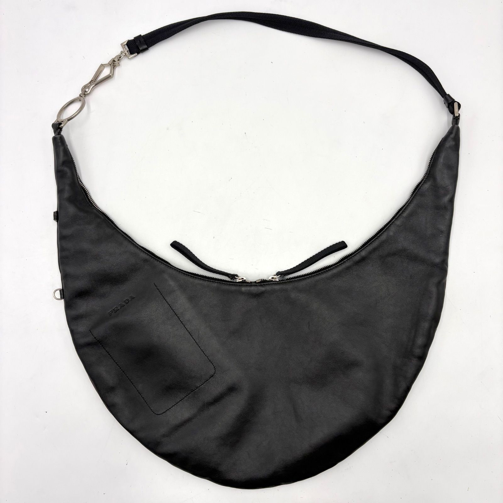 Auth Prada Y2K Half Moon Nappa Leather Shoulder Bag Black