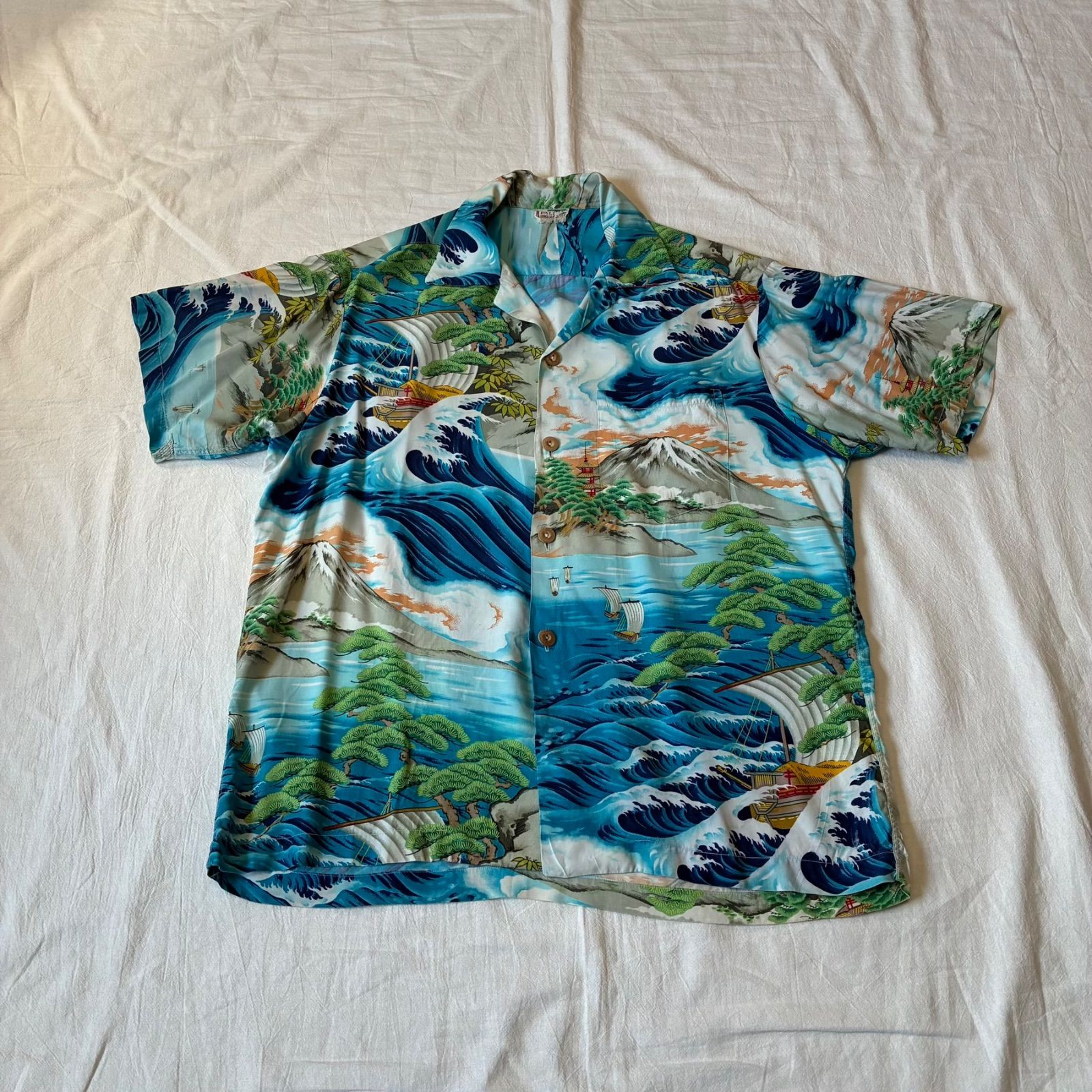 60s PALI HAWAIIAN アロハシャツ オープンカラー 富士山 松の木 ブルー