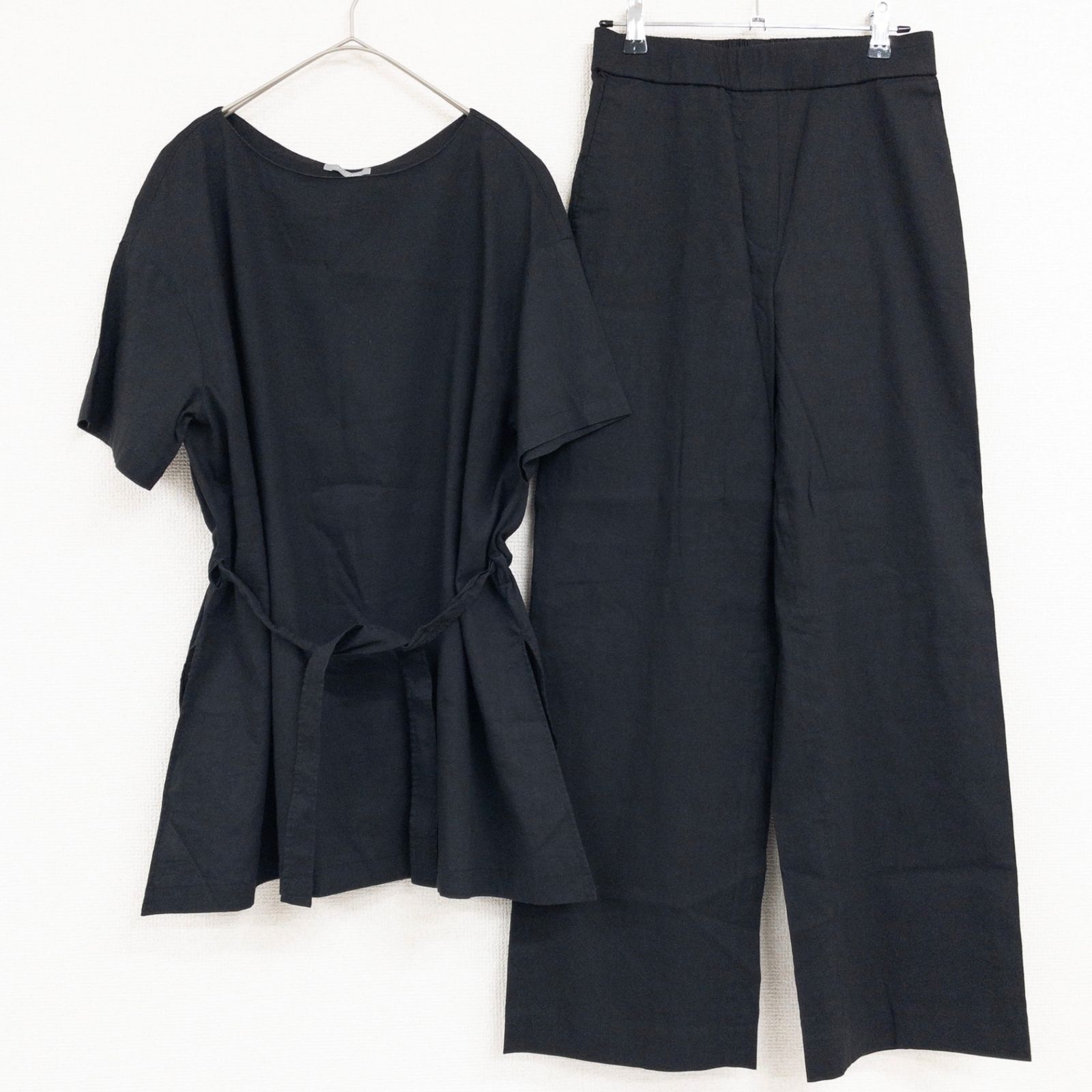 Theory luxe セオリーリュクス SAUL BETONY ECO CRUNCH WASH セットアップ カットソー ワイドパンツ ストレッチ リネン レーヨン ブラック レディース 38 40 a00822
