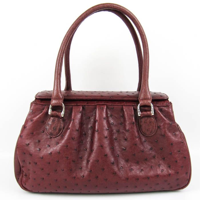 オーストリッチ レザー ハンドバッグ JRA認定 本革 鞄 カバン レディース ワインレッド ostrich 【中古】