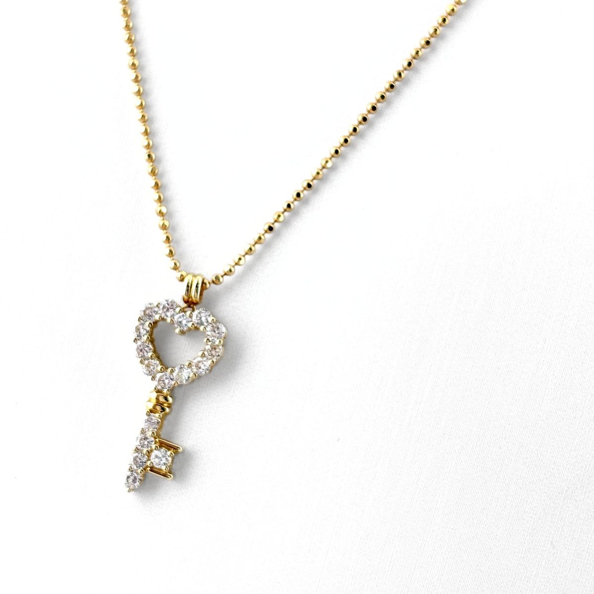 キーモチーフ デザインネックレス YG イエローゴールド ペンダント メレダイヤ 鍵 ハート ネックレス K18 ダイヤモンド レディース 【中古】