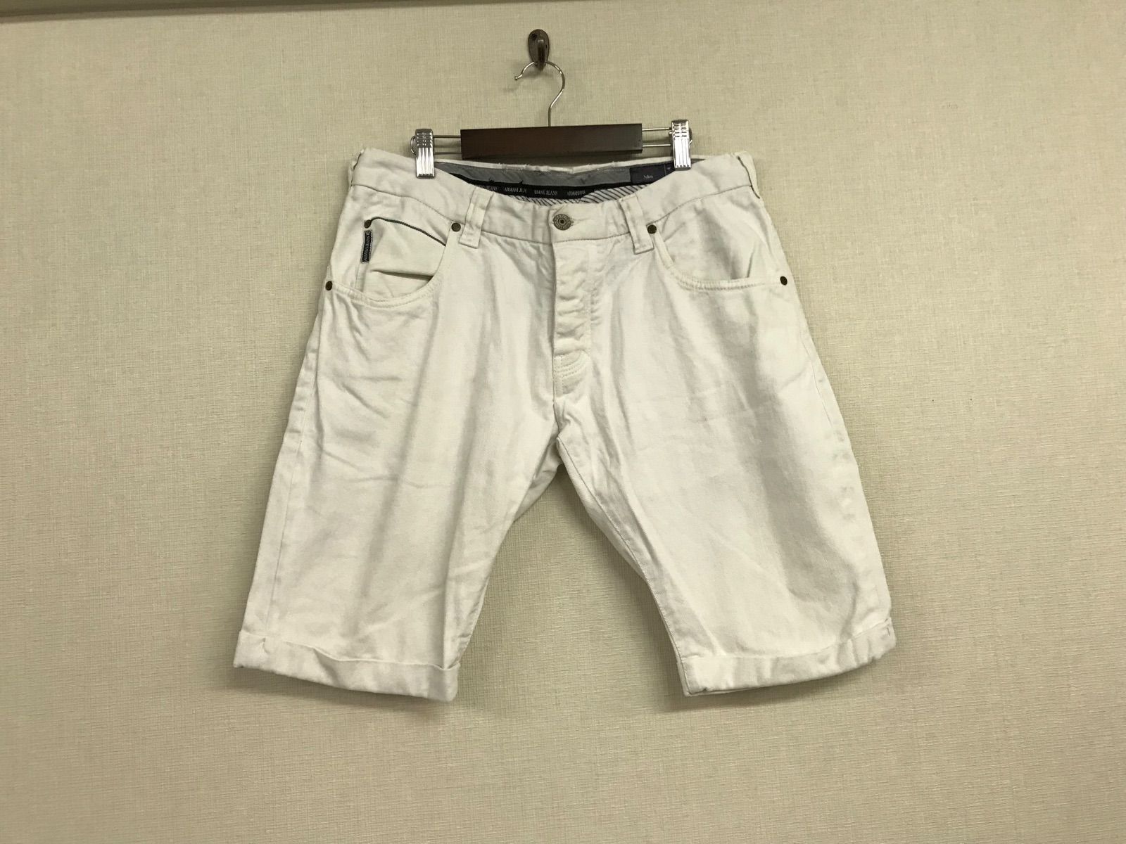 本物アルマーニジーンズARMANI JEANSコットンチノハーフショートパンツミリタリーワークサーフアメカジビジネススーツゴルフストリートスケーターメンズ白ホワイト33Mチュニジア製
