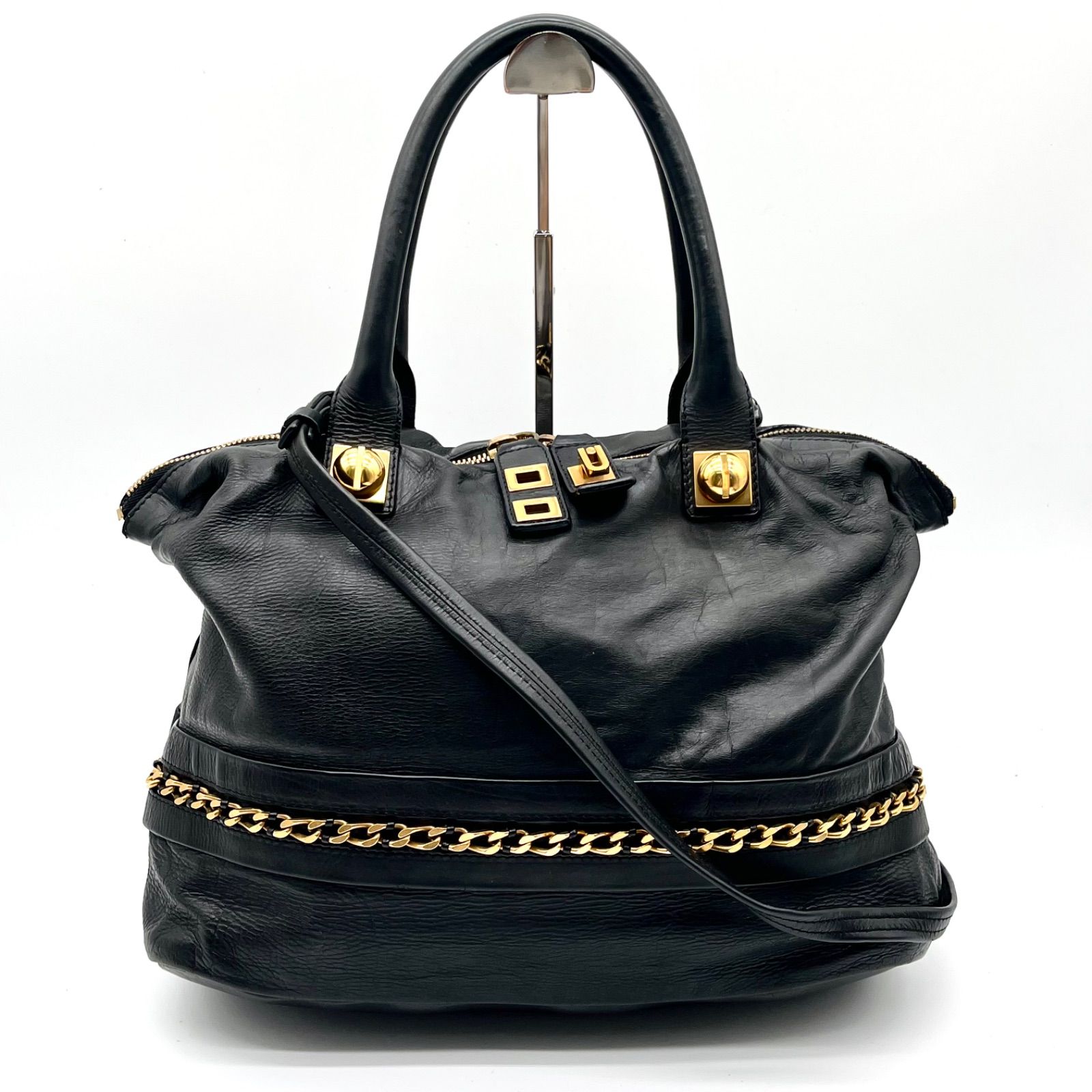 Auth Chloe Y2K Kira 2way Leather Tote Bag Shoulder Bag Black