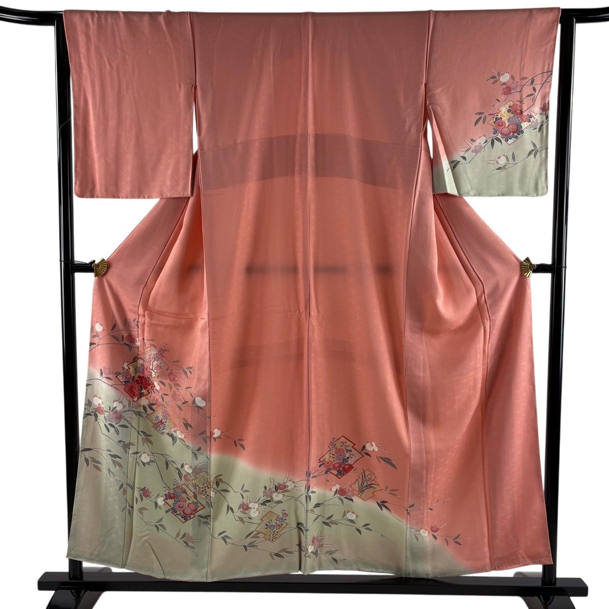 訪問着 身丈155cm 裄丈64cm M 袷 松川菱 草花 ピンク 正絹 秀品 【中古】