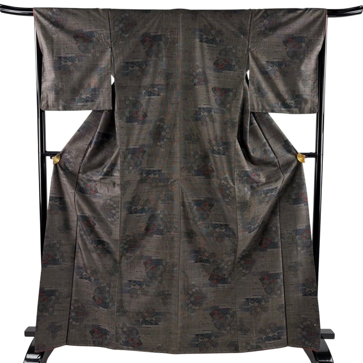 【美品】 大島紬 身丈168cm 裄丈66.5cm M 袷 証紙 草花 流水 焦茶色 正絹 秀品 【中古】