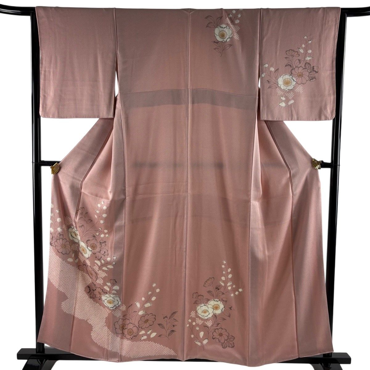 訪問着 身丈158.5cm 裄丈65cm M 袷 草花 霞 絞り ぼかし ピンク 正絹 秀品 【中古】