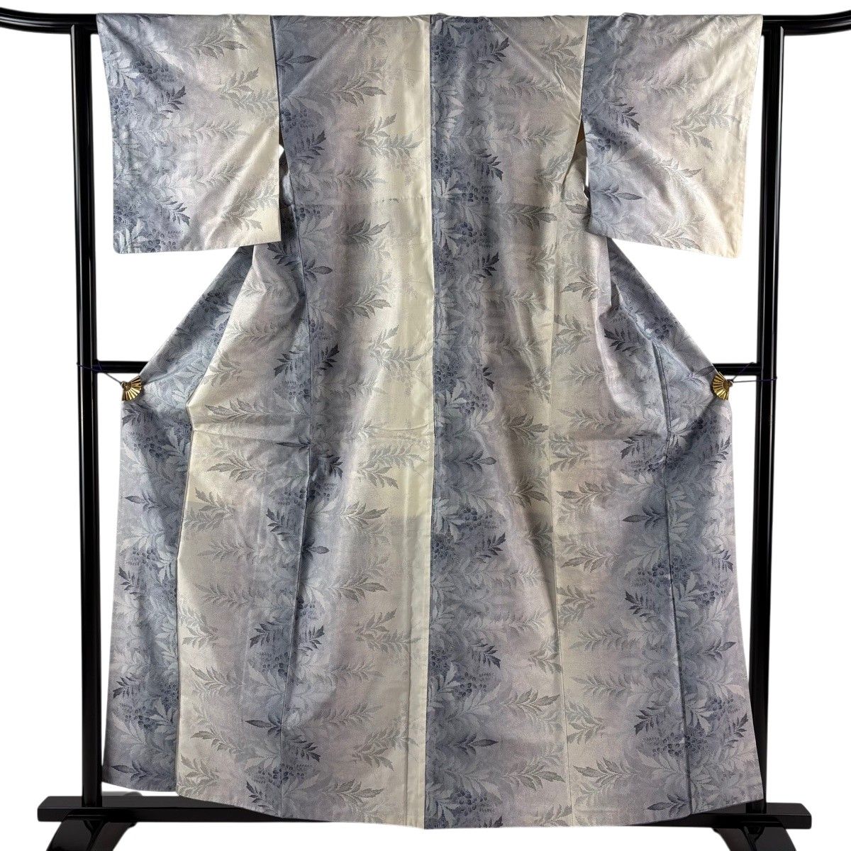紬 身丈160cm 裄丈61cm S 袷 草花 青灰色 正絹 秀品 【中古】