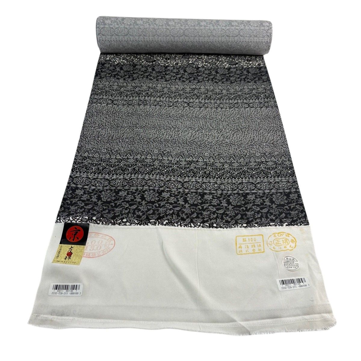 反物 秀品 小紋 夏物 絽 花唐草 段縞 黒 正絹 【中古】