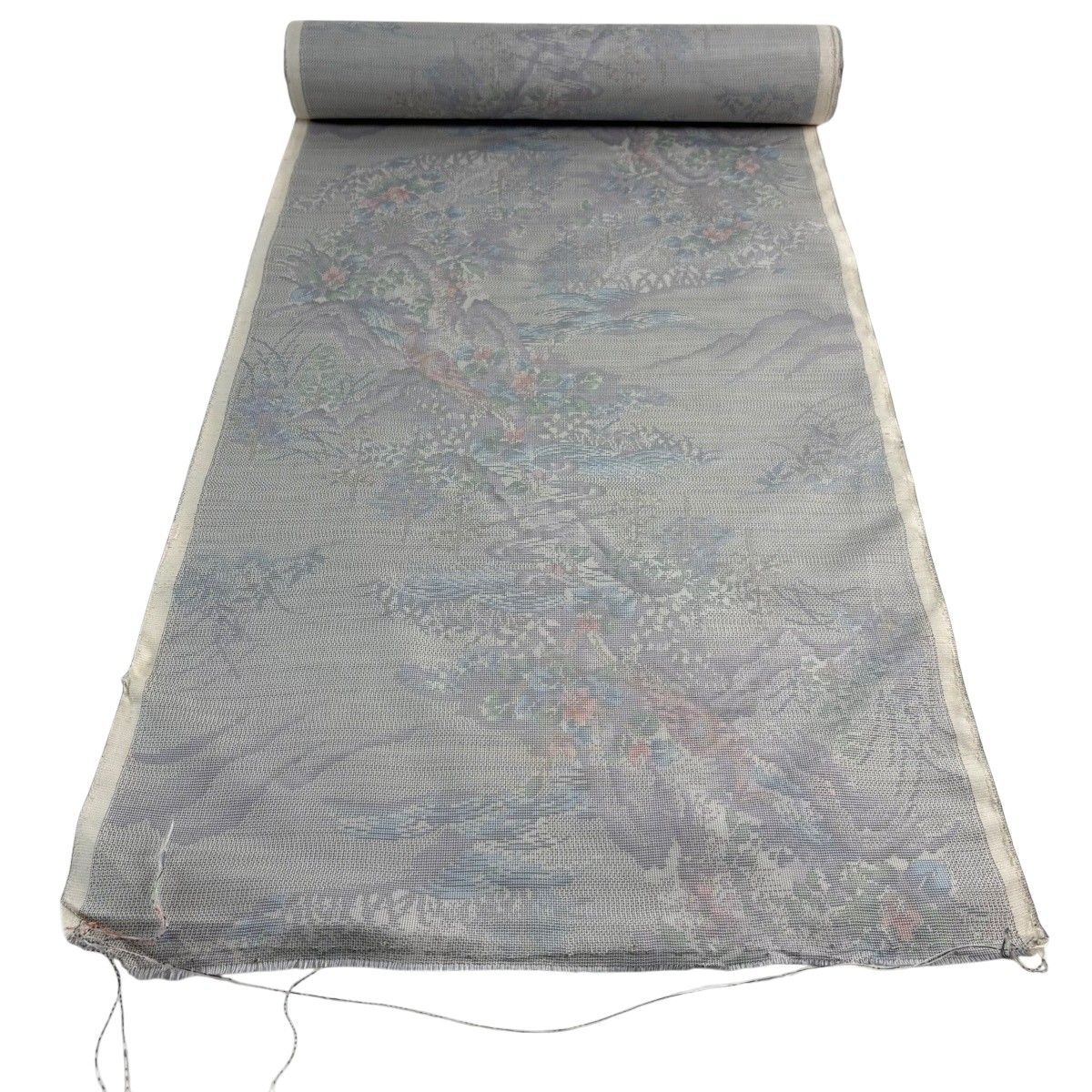 反物 秀品 紬 草花 波 灰色 正絹 【中古】