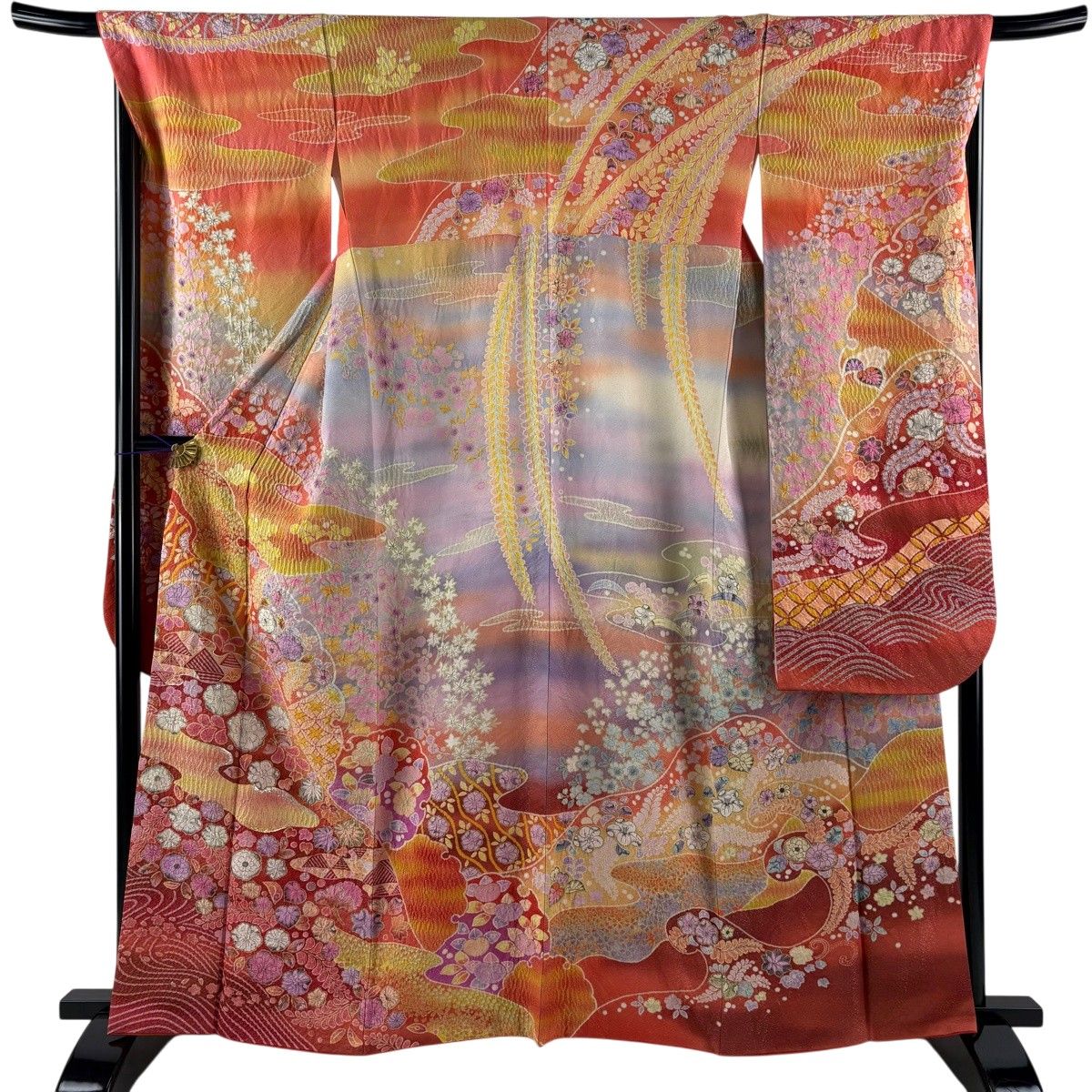 振袖 身丈162cm 裄丈67.5cm L 袷 辻が花柄 絞り 銀通し オレンジ 正絹 逸品 【中古】
