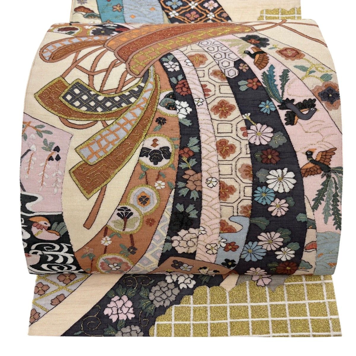 袋帯 逸品 束ね熨斗 花鳥 金糸 ベージュ お太鼓柄 正絹 【中古】