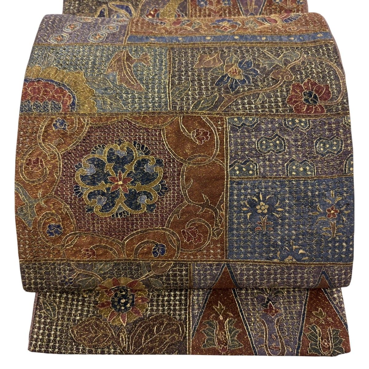 袋帯 逸品 草花 鳥 金糸 茶色 全通 正絹 【中古】
