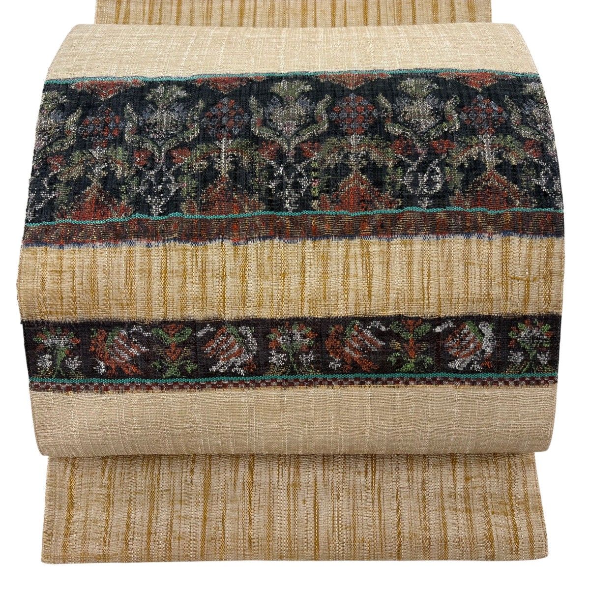 【美品】 袋帯 逸品 渡文 落款 花鳥 段縞 金糸 ベージュ お太鼓柄 正絹 【中古】