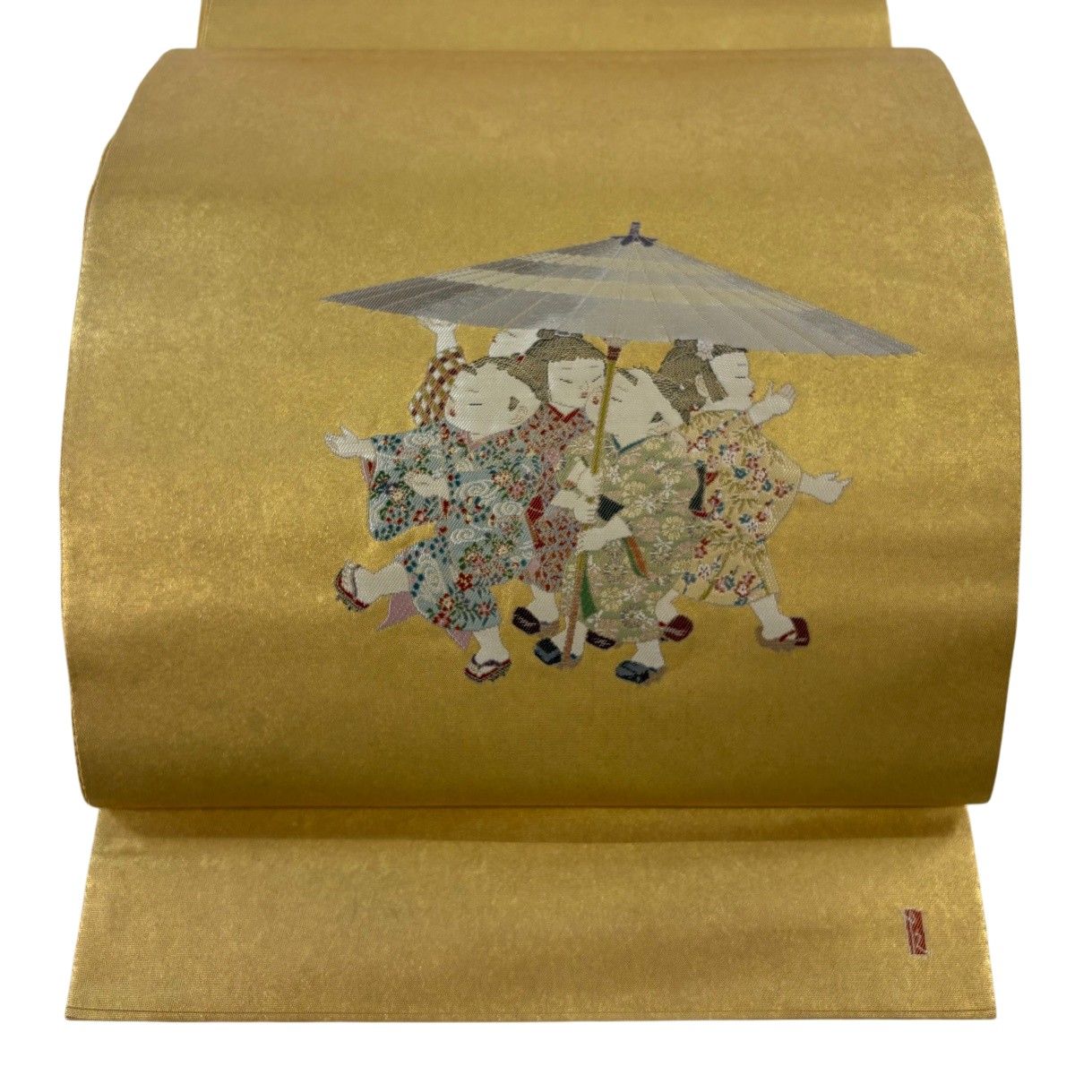 【美品】 袋帯 逸品 長嶋成織物 落款 瀞金錦 由水十久監修 関西仕立て 童 傘 箔 金色 お太鼓柄 正絹 【中古】