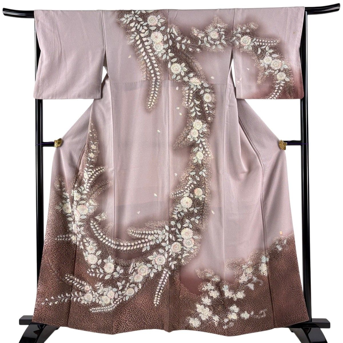 訪問着 身丈161.5cm 裄丈65.5cm M 袷 落款 辻が花 蝶 ぼかし 灰紫 正絹 名品 【中古】