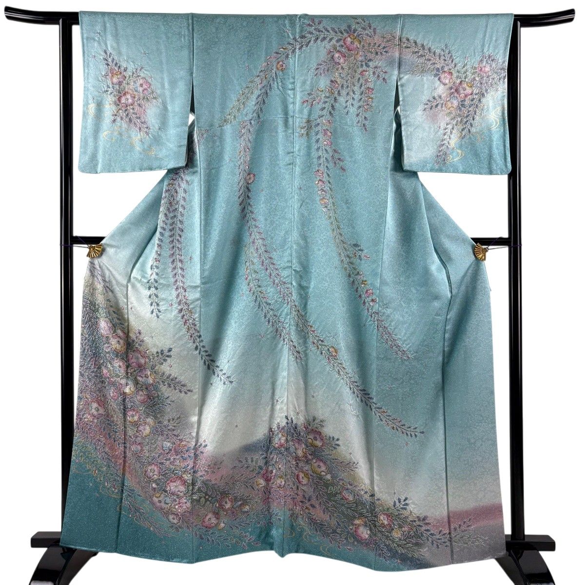 【美品】 訪問着 身丈162cm 裄丈63cm S 袷 辻が花 流水 金彩 ぼかし 水色 正絹 名品 【中古】